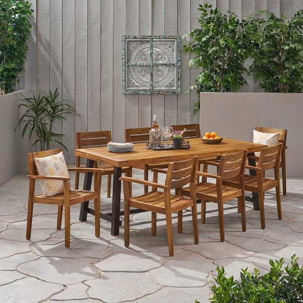 Balfour 30 in. Teak Brown 9-Piece Wood Rectangular Outdoor Patio Dining Set