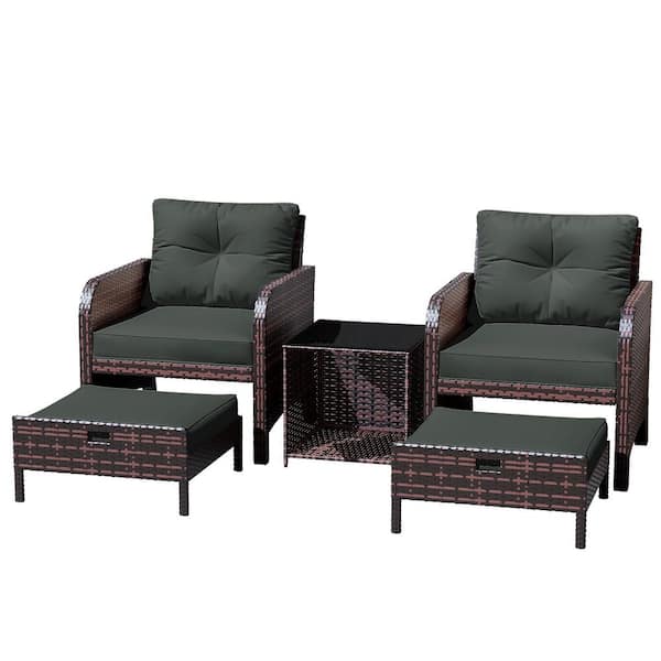 5-Piece Wicker Lounge Chair Outdoor Rattan Patio Conversation Set with Ottoman and Gray Soft Cushions