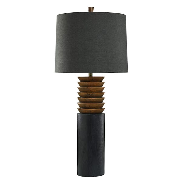 Sveltwood 38.5 in. Black, Brown Table Lamp with Black Linen Shade