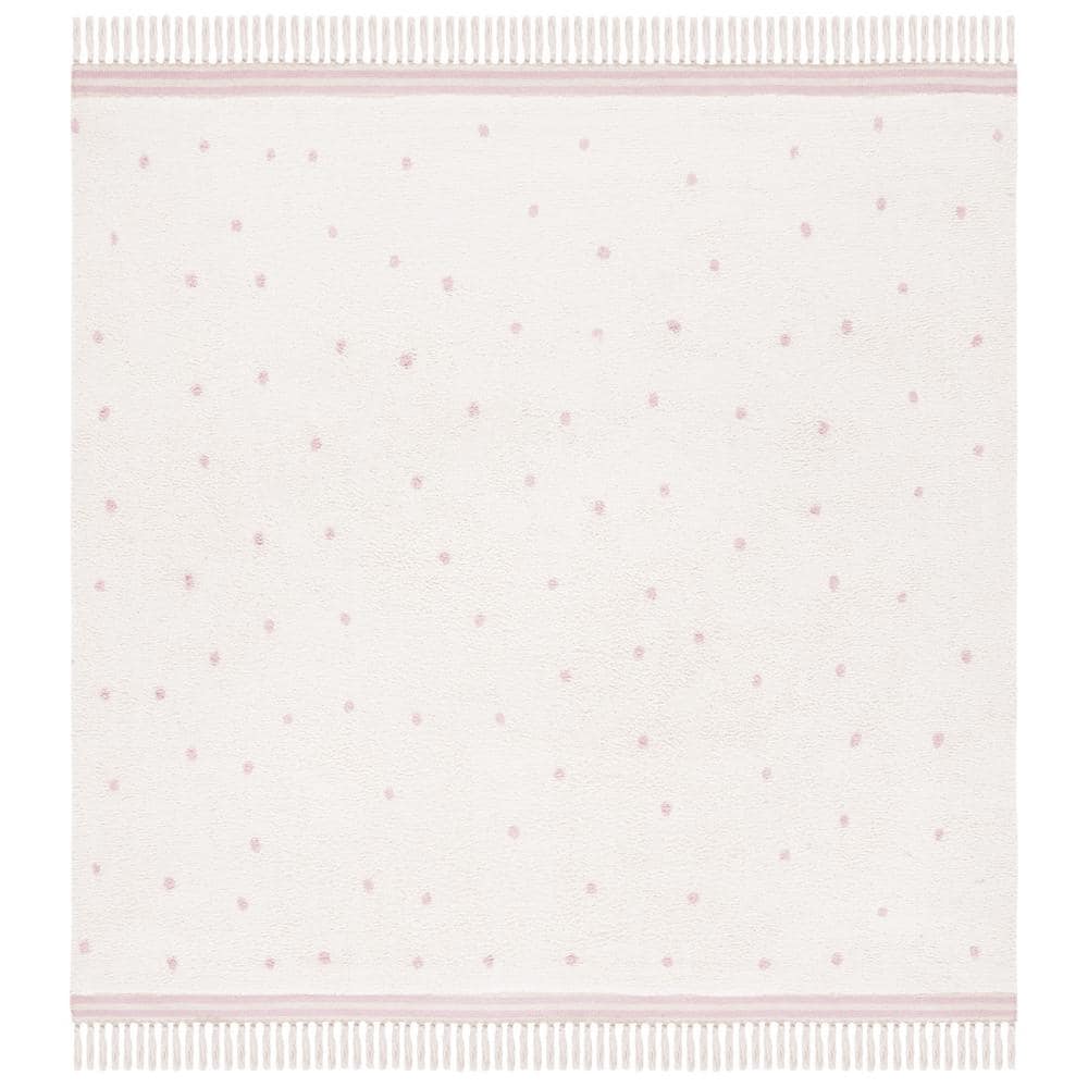 Ivory and Pink Hand-Knotted Washable Square Rug
