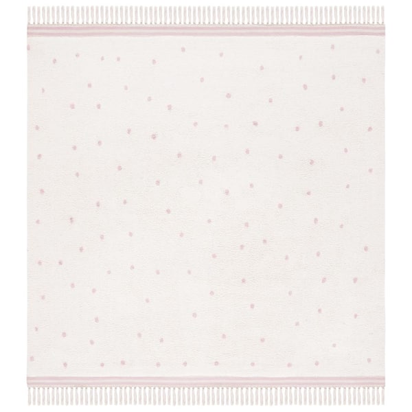 SAFAVIEH Easy Care Ivory/Pink 6 ft. x 6 ft. Machine Washable Polka Dot Border Solid Color Square Area Rug