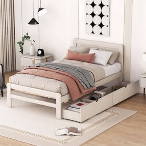 White Washed Color Modern Twin Size Wood Platform Bed Kids Bed with 2 Drawers