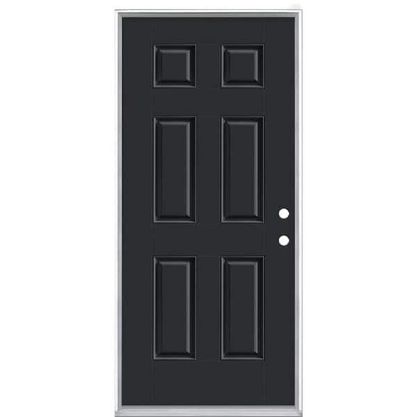 Masonite 36 in. x 80 in. 6-Panel Jet Black Left Hand Inswing Painted Smooth Fiberglass Prehung Front Exterior Door