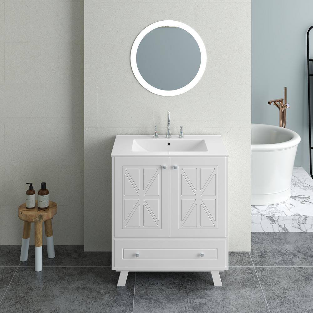 White MDF Single Sink Freestanding Bath Vanity with Ceramic Top