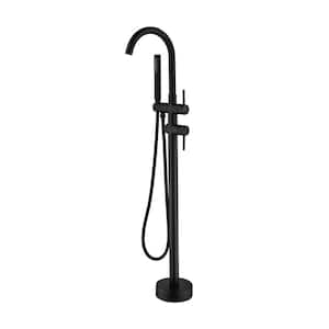 Double Lever Handle Freestanding Floor Mount Tub Faucet Brass with Hand Shower in Black