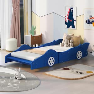 Blue Twin Size Race Car-Shaped Platform Bed with Wheels