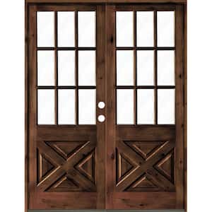 64 in. x 96 in. Knotty Alder 2 Panel Left-Hand/Inswing Clear Glass Red Mahogany Stain Double Wood Prehung Front Door