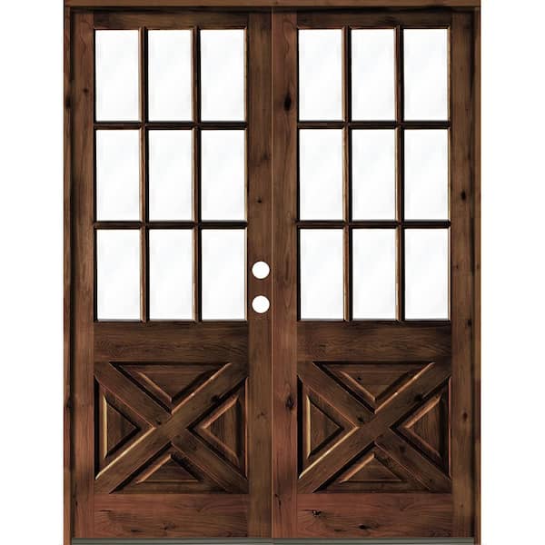 Krosswood Doors 72 in. x 96 in. Knotty Alder 2 Panel Left-Hand/Inswing Clear Glass Red Mahogany Stain Double Wood Prehung Front Door
