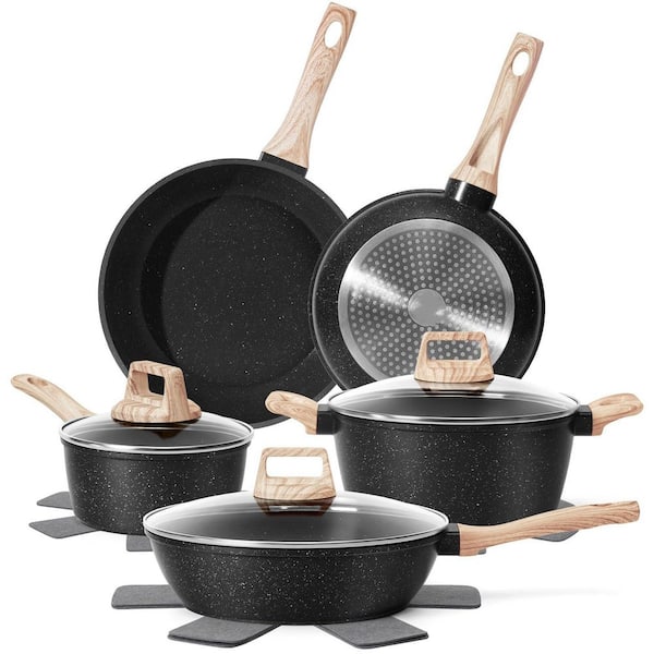 12 Piece Silicone Nonstick Nontoxic Cookware Set with Frying Pans Set Saucepans Steamer (PFAS, PFOA, PFOS Free) in Black