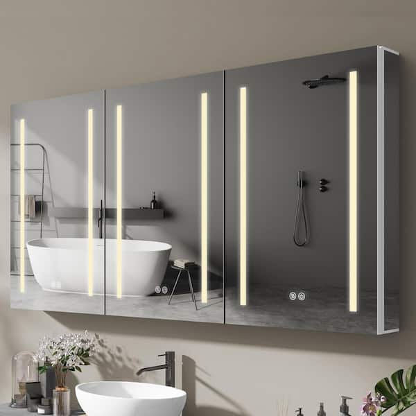 60 in. W x 30 in. H Recessed or Surface Mount Rectangular Aluminum LED Medicine Cabinet Bathroom White with Mirror