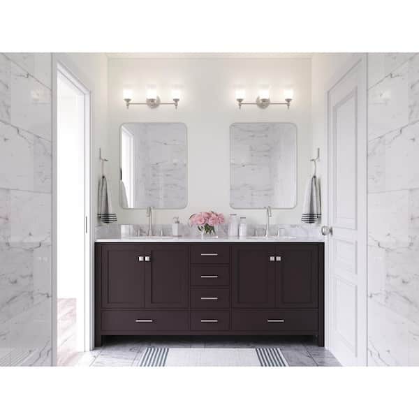 4 Soft Closing Doors & 6 Full Extension Dovetail Drawers ARIEL 73 Inch Double Vanity in White with 1.5 Inch Straight Edge Pure White Quartz Countertop Satin Brass Hardware Rectangle Sink