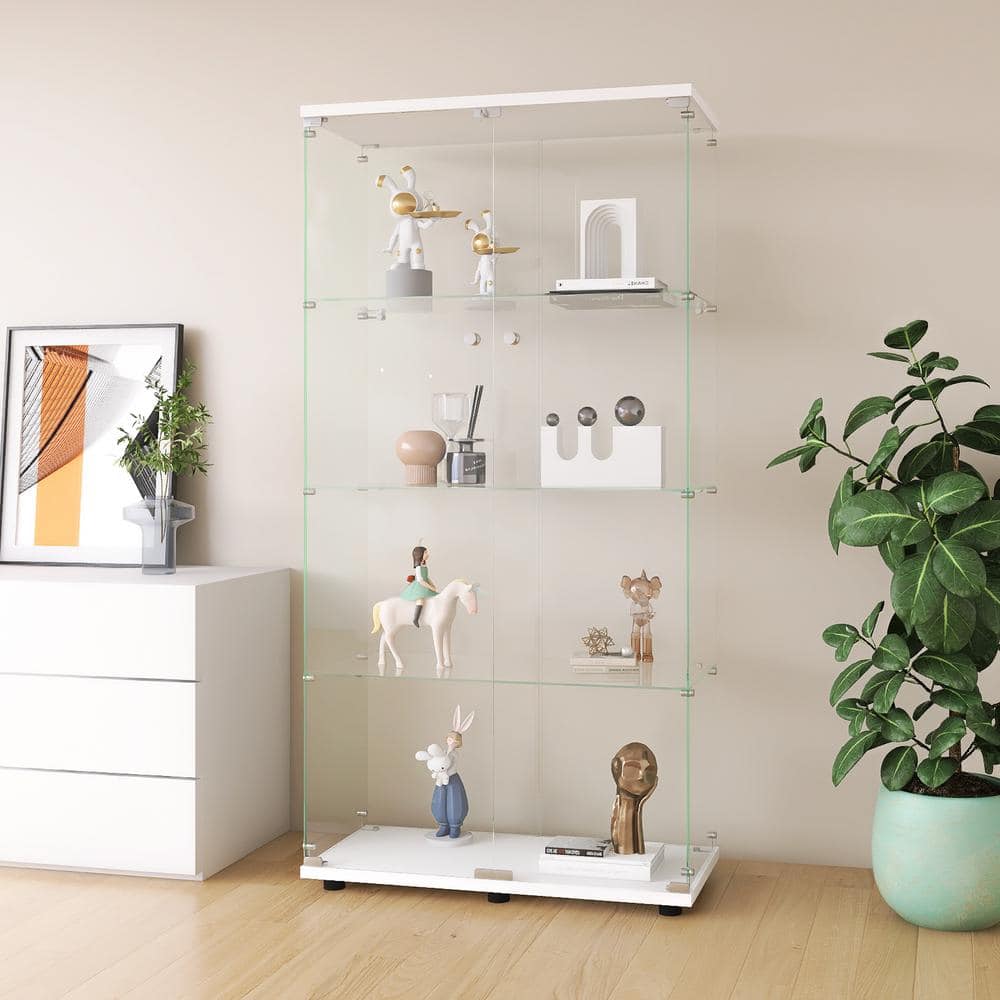 64.5 Figure Display Cabinet with Handles, Locks, Single Doors, Tall  4-Shelf Case Glass Display Cabinet, Floor Glass Bookshelf Collection  Display Case for Living Room Bedroom Home Office, White 
