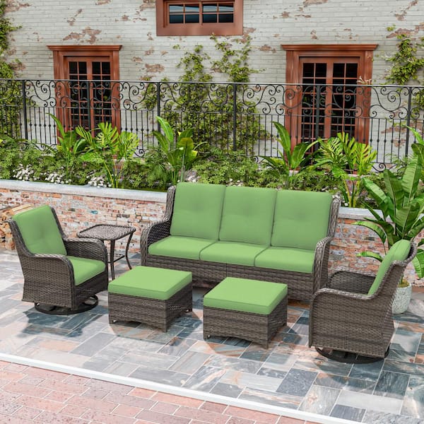MeetLeisure 6-Piece Wicker Outdoor Sectional Sofa Set Patio Conversation with Green Cushions