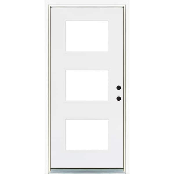 36 in. x 80 in. Smooth White Left-Hand Inswing 3-Lite Low-E Finished Fiberglass Prehung Front Door