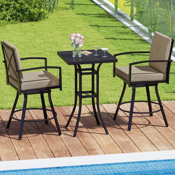 3-Piece Patio Conversation Set Swivel Bar Set Table and Chairs with Brown Soft Cushions and Umbrella Hole