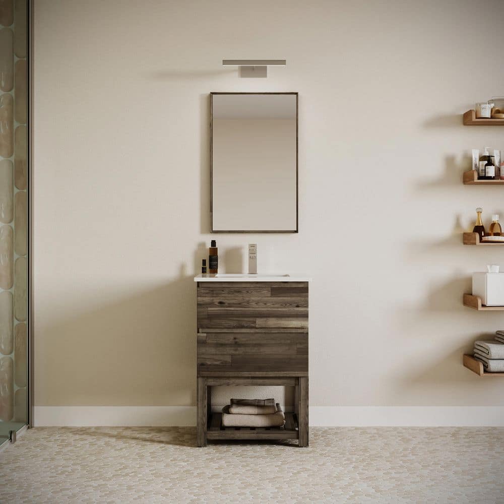 24" Brown Engineered Wood Freestanding Vanity with Quartz Top