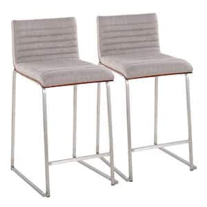 Mason Mara 34 in. Grey Fabric and Stainless Steel Metal Counter Height Bar Stool with Walnut Wood Seat Back (Set of 2)