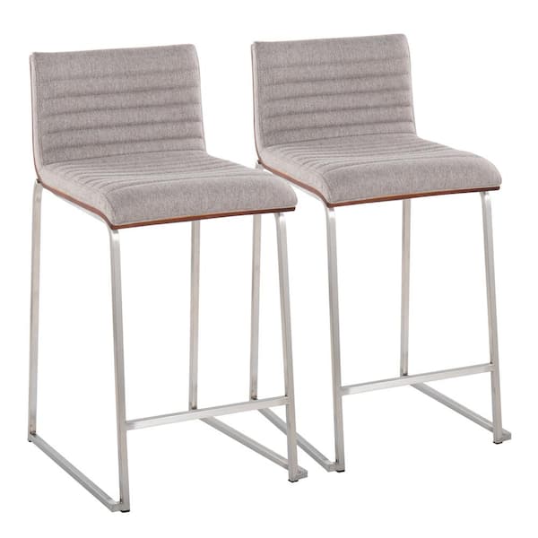 Lumisource Mason Mara 34 in. Grey Fabric and Stainless Steel Metal Counter Height Bar Stool with Walnut Wood Seat Back (Set of 2)