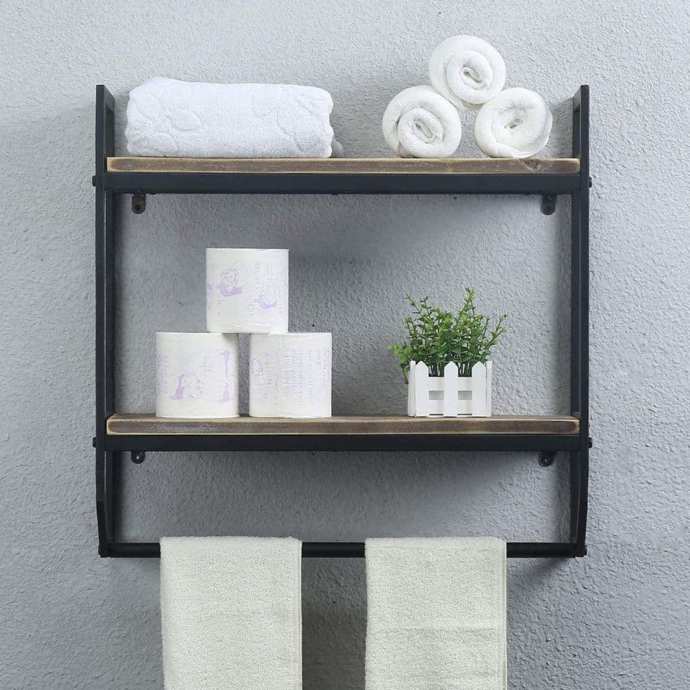 Matte Black Pine 2-Tier Floating Wall Shelf with Towel Rack