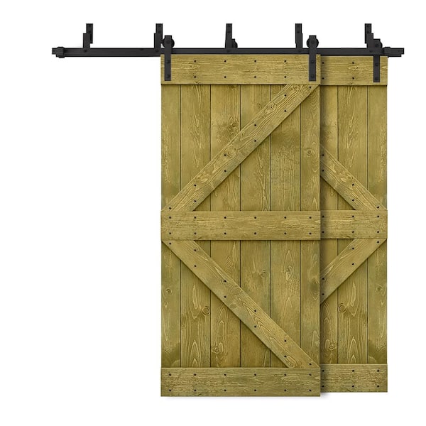 CALHOME 60 in. x 84 in. K Series Bypass Jungle Green Stained Solid Pine Wood Interior Double Sliding Barn Door with Hardware Kit
