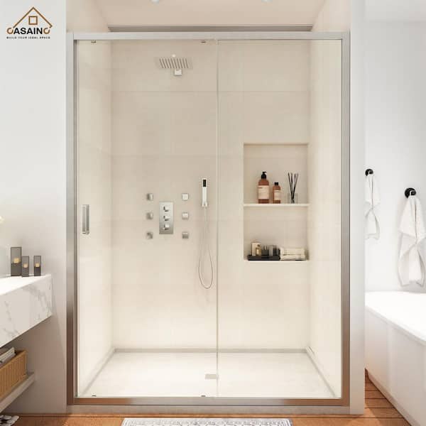 CASAINC 48 in. W x 72 in. H Framed Single Sliding Shower Door in Brushed Nickel with Clear Shower Glass