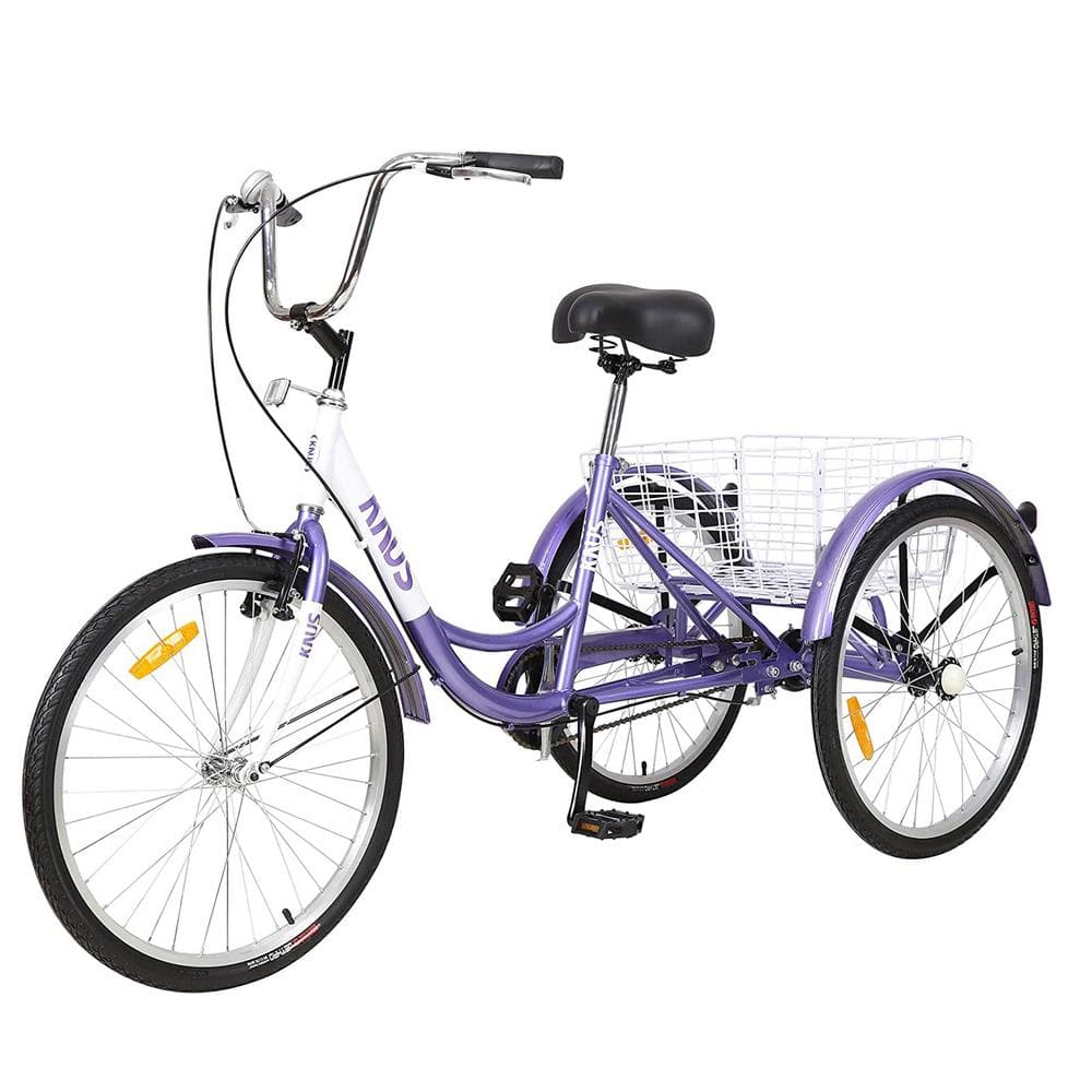 24 in. Purple Tricycle 3-Wheel Bike with Large Shopping Basket for Women and Men, Purples / Lavenders