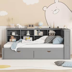 Gray Wood Frame Twin Size Daybed with 2-Spacious Drawers, Storage Shelf, USB Ports and Sockets