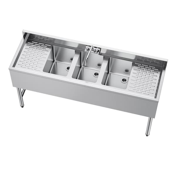 3 Compartment Sink, 10 x 14 x 10 in. Bowl, 3 Bay Under Bar Sink with Drainboard & Backsplash, 18-Gauge, 2025 update