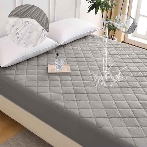 Gray Polyester Protector Diamond Grid Ultrasonic Waterproof Quilted Fitted Sheet-Size F
