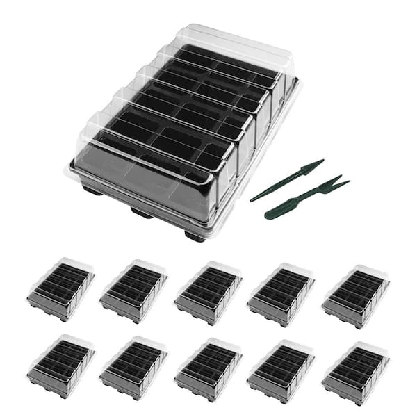Angel Sar Black Plastic Seed Starter Trays with Clear Dome and Black Base (15-Cell Per Tray) (10-Pack)