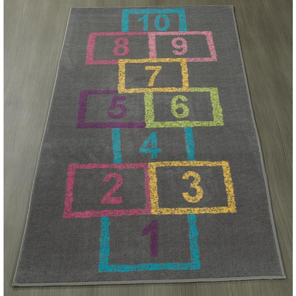 Kids Hopscotch Floor Rug Mat, Kids Play Mat Non-Slip Silicone Back Mat - 3' x 5' Oval - Multi-Color