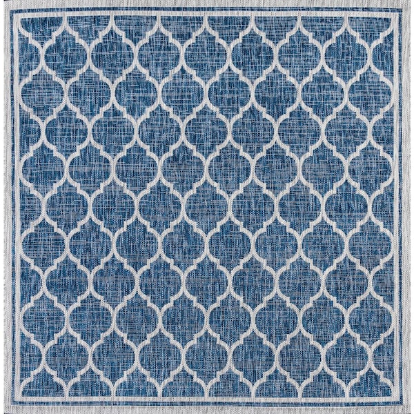 JONATHAN Y Trebol Navy/Gray 5 ft. Moroccan Trellis Textured Weave Indoor/Outdoor Square Area Rug
