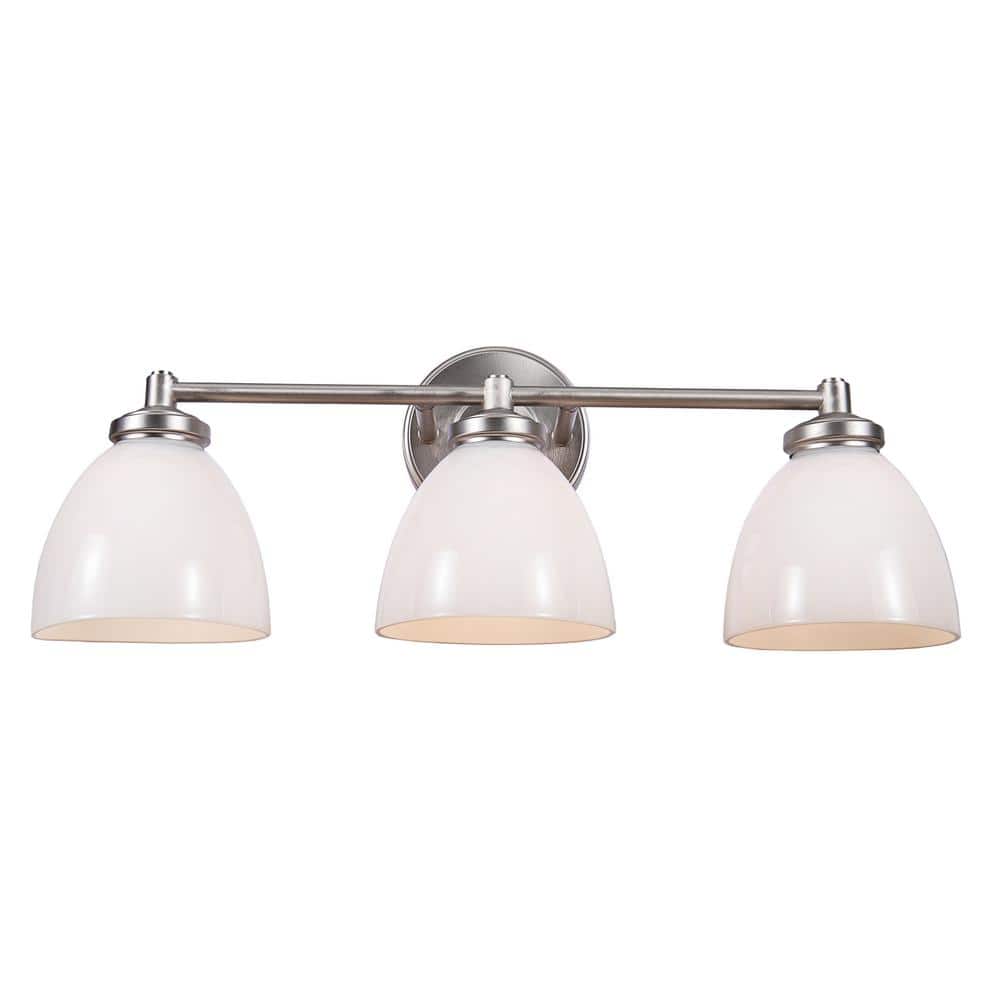 Brushed Nickel 3-Light Vanity Light with White Glass Shades