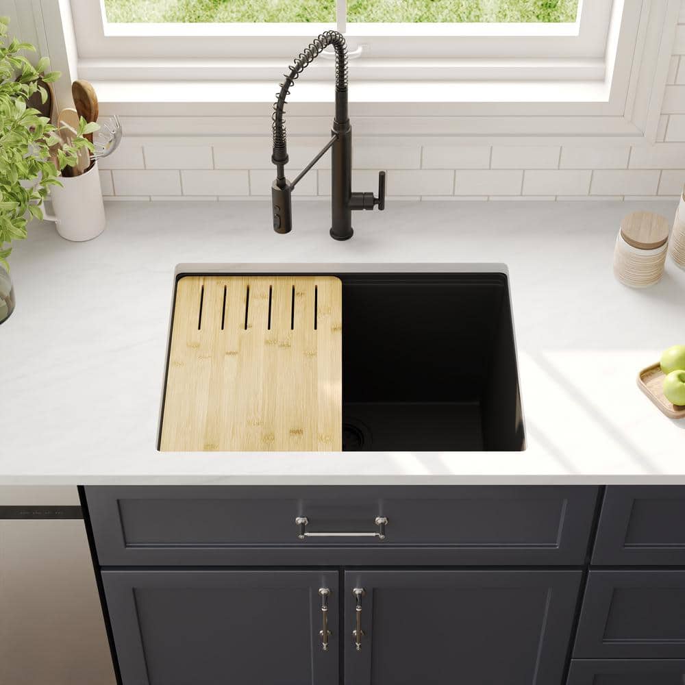 25" Black Quartz Composite Single Bowl Drop-In Kitchen Sink with Accessories