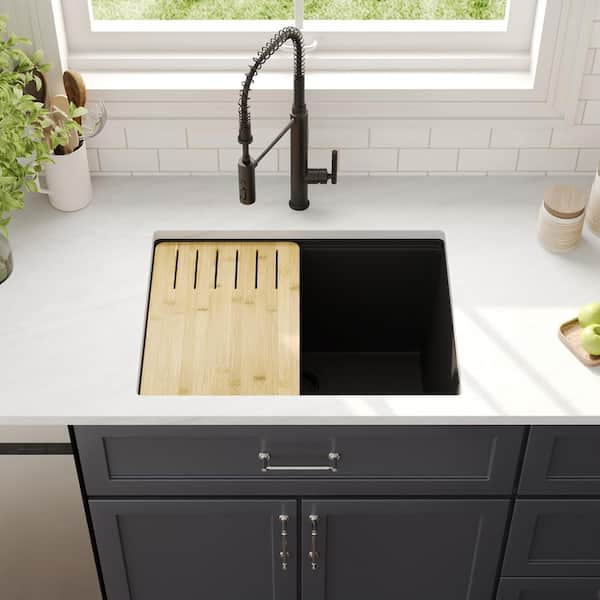 DEERVALLEY 25 in. Single Bowl Quartz Composite Undermount Workstation Kitchen Sink in Black with Accessories