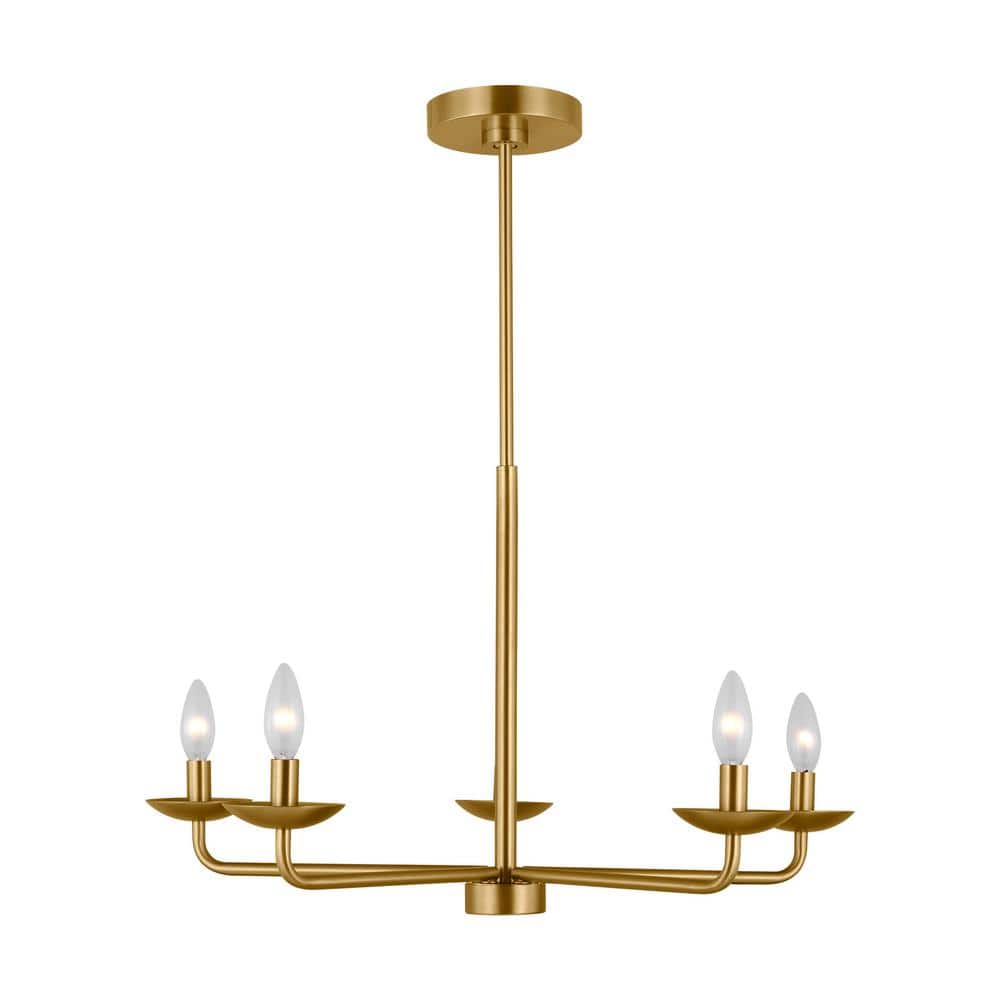 Satin Brass 5-Light Candle Chandelier with White Linen Shades