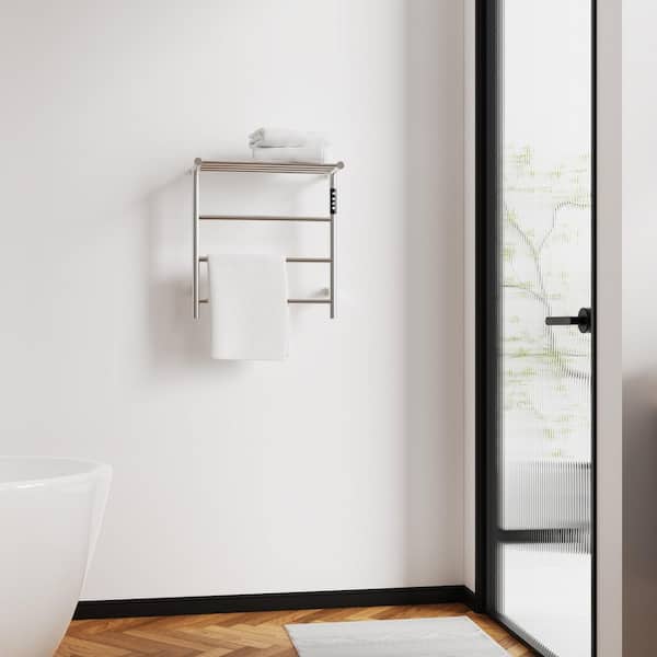 Wall Mount Heated Towel Rack in Silver w/Intelligent Touch Screen Timer,Top Shelf,3-Bar Towel Warmer,Plug-in/Hard-Wired