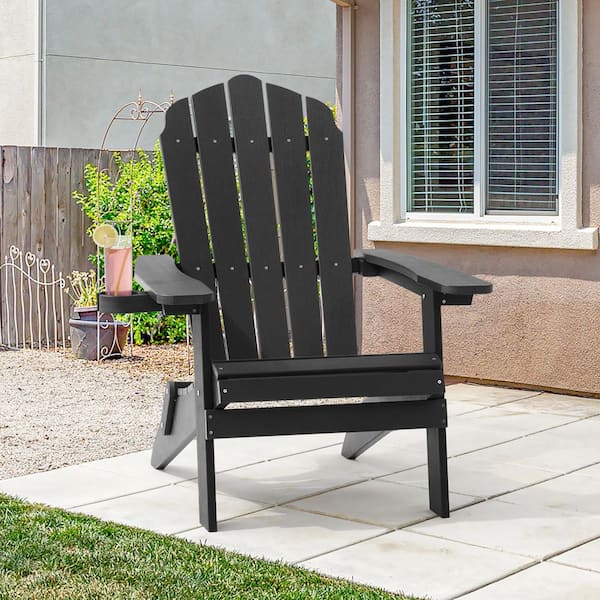 Sonkuki Black Folding Adirondack Chair, Waterproof HIPS High Load Capacity Patio Chair with Wide Armrests (1-Piece)