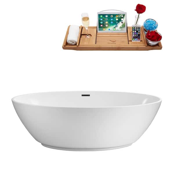 Streamline 63 in. Acrylic Flatbottom Non-Whirlpool Bathtub in Glossy White with Brushed Gun Metal Drain and Overflow Cover