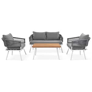 White 4-Piece Metal Outdoor Sectional with Acacia Wood Table, Deep Seating and Grey Cushions for Backyard Porch Balcony