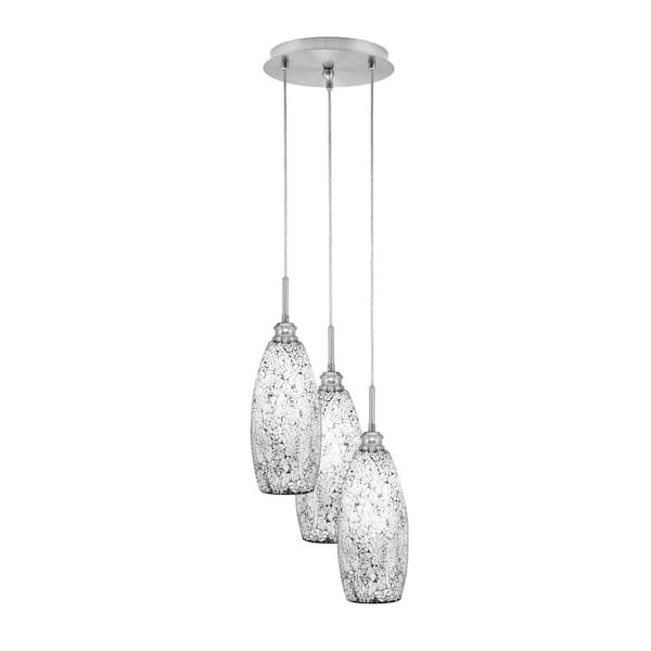 Unbranded Savannah 10.5 in. 3-Light Brushed Nickel Cord Pendant Light Black Fusion Glass Shade