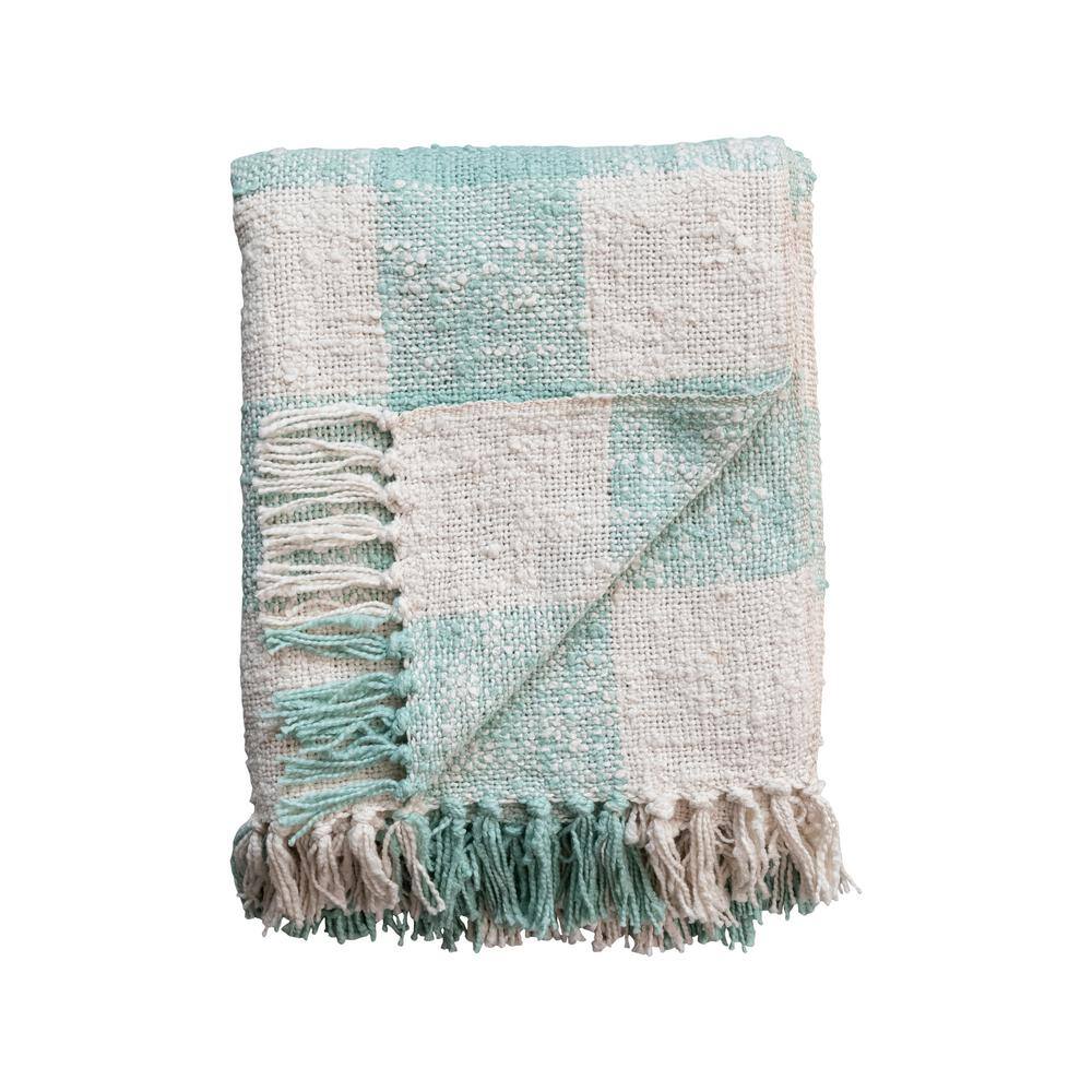 Mint and Cream Hand-Woven Cotton Plaid Throw with Fringe