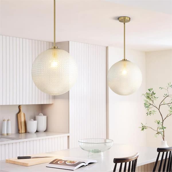 Carol 1-Light 13.8 in. Brushed Gold Modern Textured Glass Globe Pendant Light for Elegant Interiors