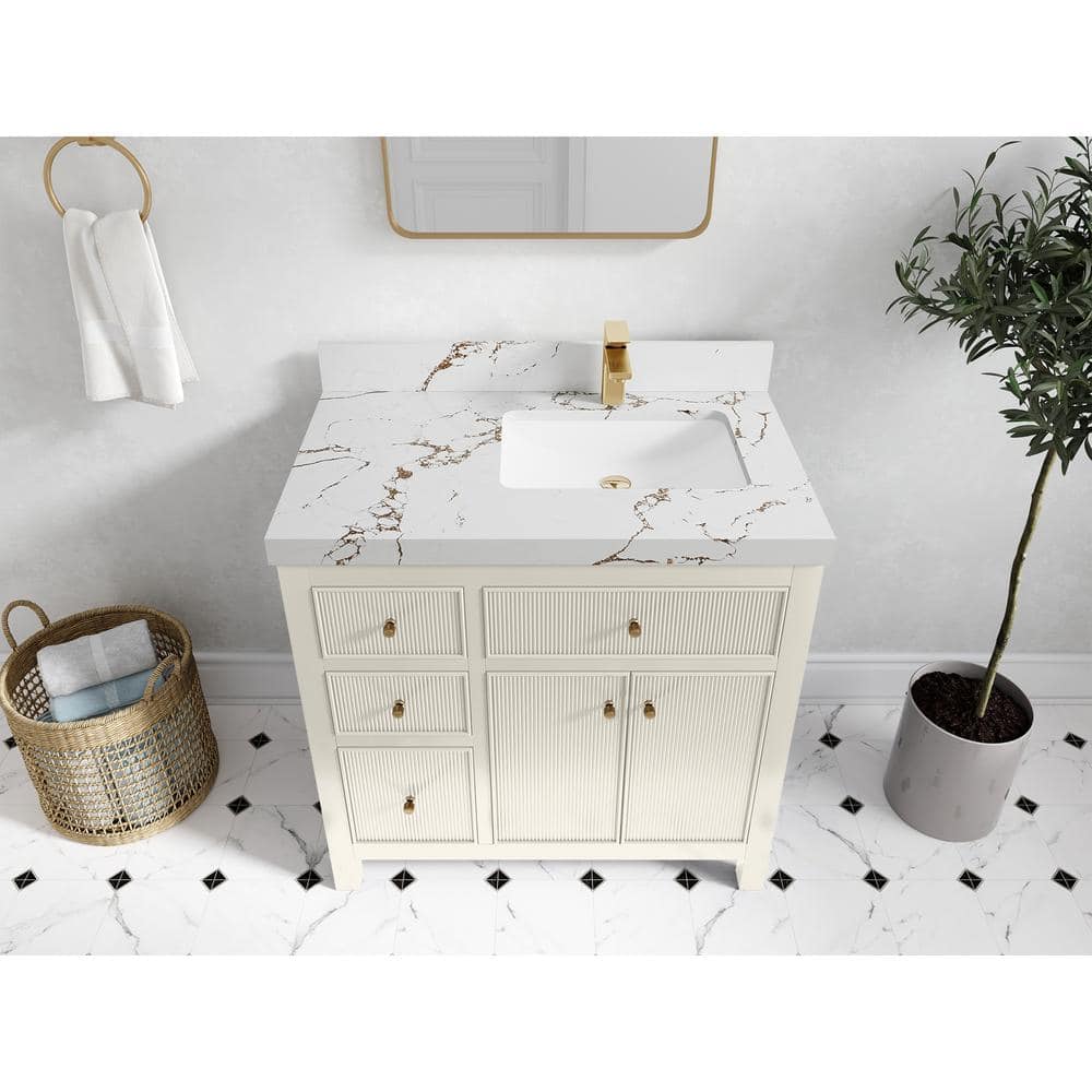 Alabaster Fluted 36" Bathroom Vanity with Quartz Top