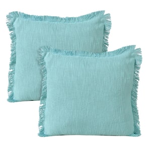 Casper Light Aqua Solid Color Fringed Hand-Woven 20 in. x 20 in. Indoor Throw Pillow Set of 2