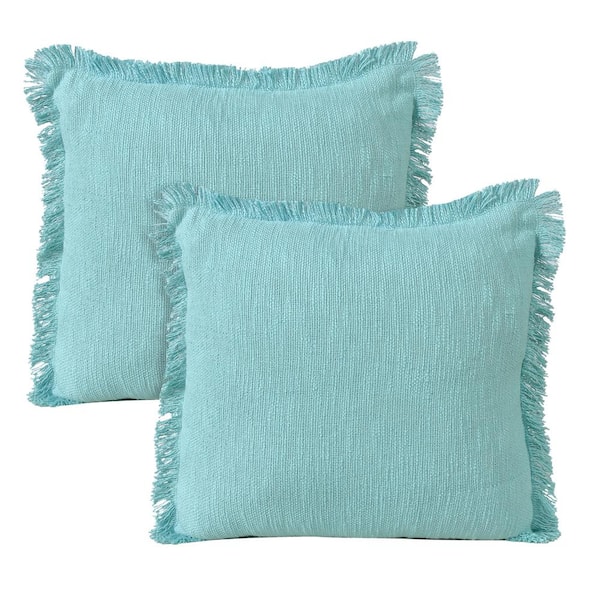 Unbranded Casper Light Aqua Solid Color Fringed Hand-Woven 20 in. x 20 in. Indoor Throw Pillow Set of 2
