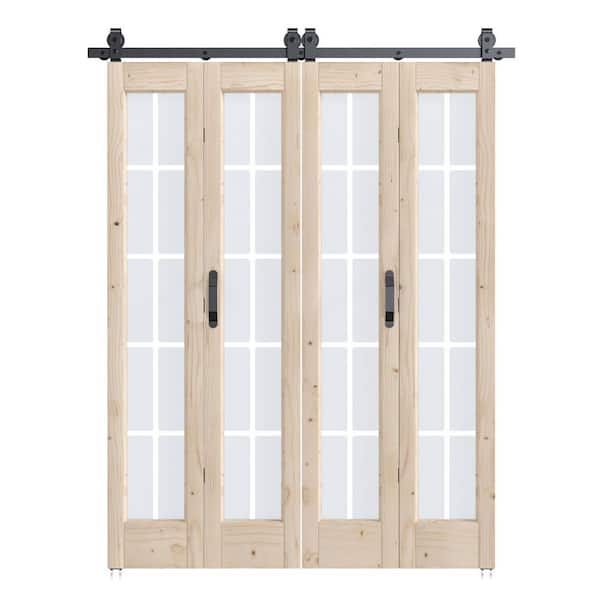 56 in. x 84 in. Full Lite Pre Assembled Frosted Glass Brown Unfinished Solid Core Wood Bi-fold Door with Hardware