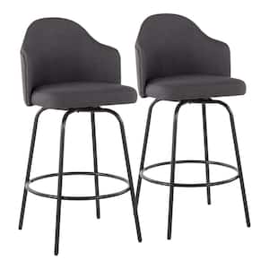 Ahoy Upholstered 37 in. Charcoal Fabric & Black Steel High Back Counter Height Bar Stool Black Round Footrest (Set of 2)