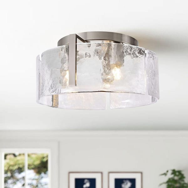 Candela 15 in. Antique Nickel Round 3-Light Textured Glass Panels Flush Mount