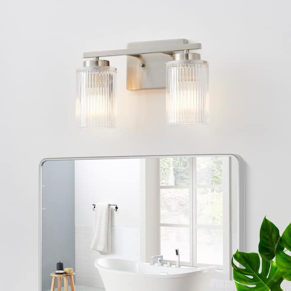 13.3 in. 2-Light Plated Brushed Nickel Vanity Light with Clear Ribbed Glass Shade